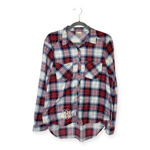 Passport Red Navy Plaid Button-Down Shirt Roll-Tab Sleeves Classic Preppy Large